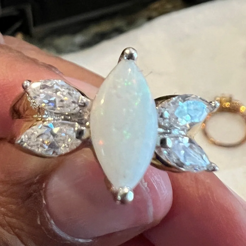 925 gold plated opal and diamond-like crystals ring, size 7.5